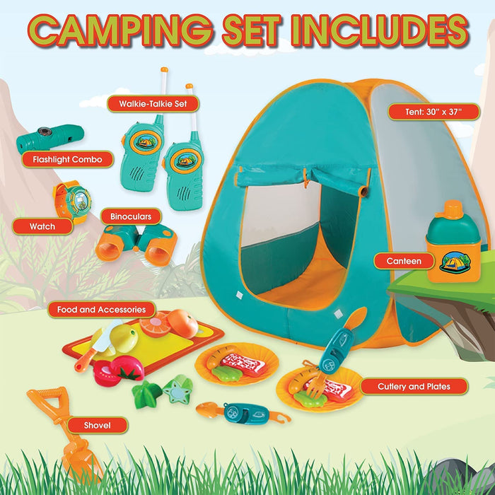 ToyVelt / Camping Tent Set / Includes Tent, Telescope, 2 Walkie Talkies, and Full Camping Gear Set / 3 - 8-year-old