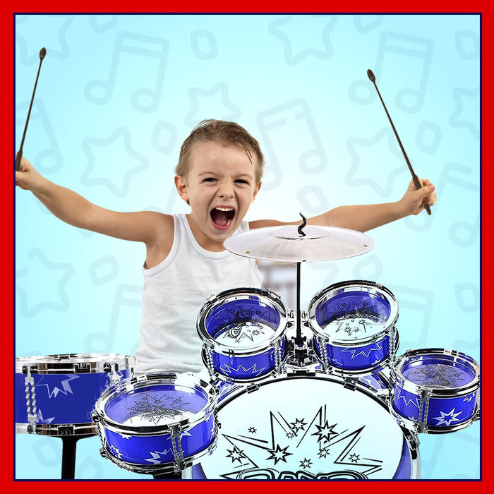 ToyVelt / 12 piece Jazz Drum Set / 6 Drums, Cymbal, Chair, Kick Pedal, 2 Drumsticks, Stool / Age 3 - 8 years old