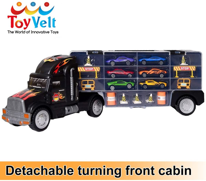 Toy Truck Transport Car Carrier Toy for Boys and Girls age 3 - 10 yrs old - Hauler Truck Includes 6 Toy Cars and Accessories - Car Truck Fits 28 Car Slots - Ideal Gift For Kids
