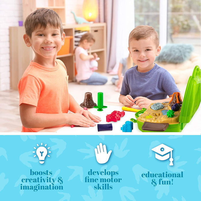 Toyvelt Play Dough Dinosaur Theme Modeling Clay - Set Incl 30 Packs of Clay Dough, Dinosaur, Volcano, Fossil Molds, Tools and Storage Case - Safe & Non Toxic for Boys and Girls Age 3-12 Years Old