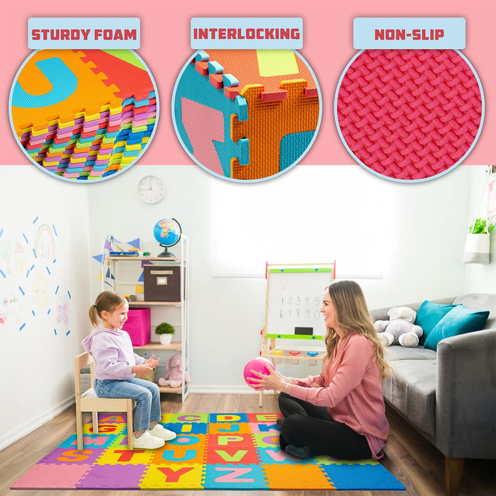 ToyVelt Foam Puzzle Floor Mat for Kids β Interlocking Play Mat with Colors, Alphabet, ABC, β Educational Large Puzzle Foam Floor Tiles for Crawling, Exercise, Playroom, Play Area,
