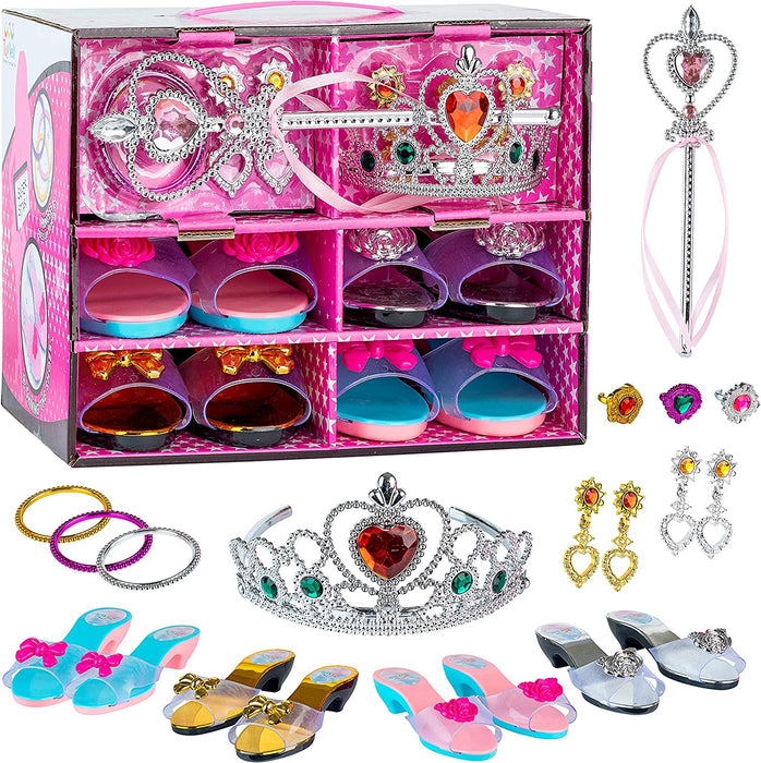 Toyvelt Princess Dress Up Shoes and Jewelry Boutique - Pretend Play For Little Girls Set Incl 4 Pairs Princess Shoes And Lots of Accessories - Toddler Girl Toys For 3,4,5, Year Old and up
