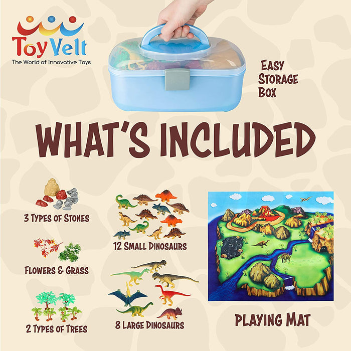 Toyvelt / Dinosaur Play Set / Includes Dinosaur Figures, Trees, Rocks and Playmat / Ages 3 - 8 years old