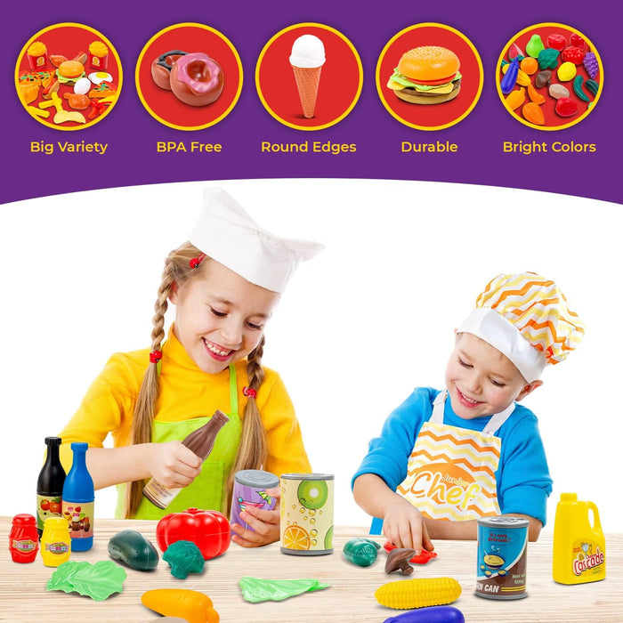 ToyVelt 130-Piece Play Food Sets for Kids Kitchen, BPA Free Toy Food, Ideal Kitchen Playset Gift for Christmas, Birthday, Safe Toddler Play Kitchen, Durable, Round Edges, Bonus Chef Hat and Apron