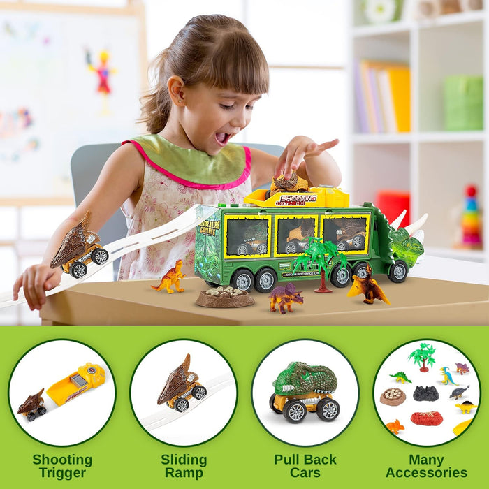 Toyvelt Dinosaur Truck Carrier / 3 Dino Card and 12 Dinosaur Figures