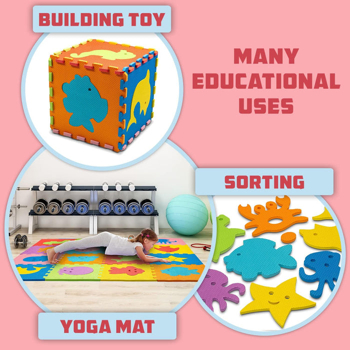 ToyVelt Foam Puzzle Floor Mat for Kids – 12x12 16 Tiles Interlocking Sea Animals Play Mat