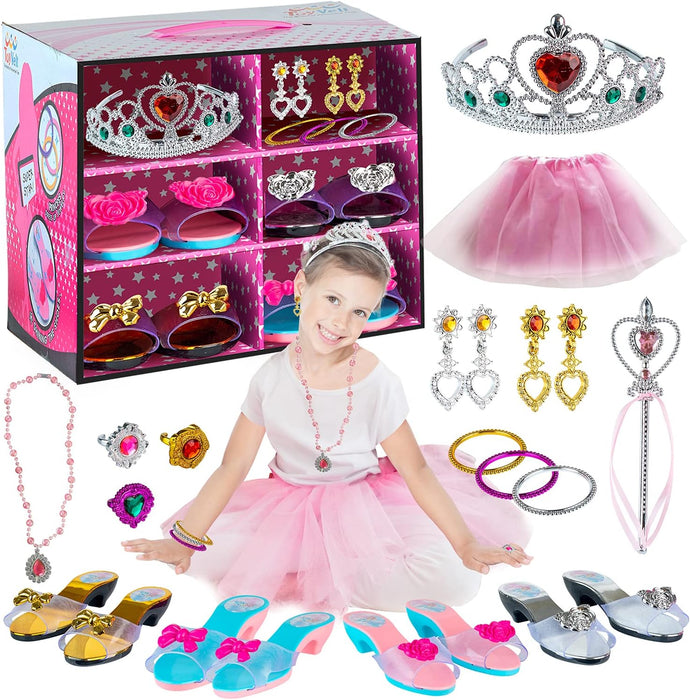 Toyvelt Princess Dress Up Shoes and Jewelry Boutique - Pretend Play For Little Girls Set Incl 4 Pairs Princess Shoes And Lots of Accessories - Toddler Girl Toys For 3,4,5, Year Old and up