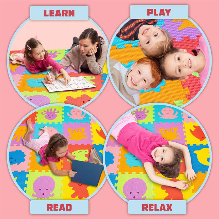ToyVelt Foam Puzzle Floor Mat for Kids – 12x12 16 Tiles Interlocking Sea Animals Play Mat