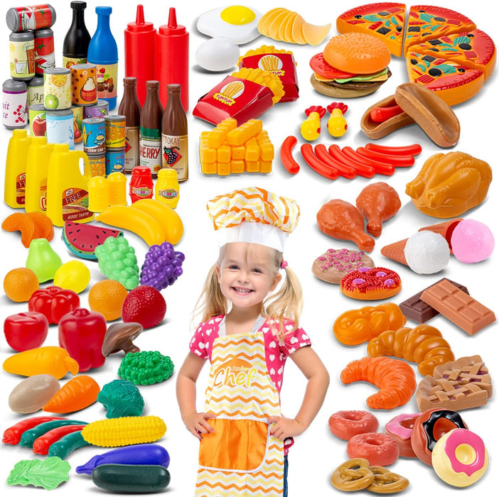 ToyVelt 130-Piece Play Food Sets for Kids Kitchen, BPA Free Toy Food, Ideal Kitchen Playset Gift for Christmas, Birthday, Safe Toddler Play Kitchen, Durable, Round Edges, Bonus Chef Hat and Apron