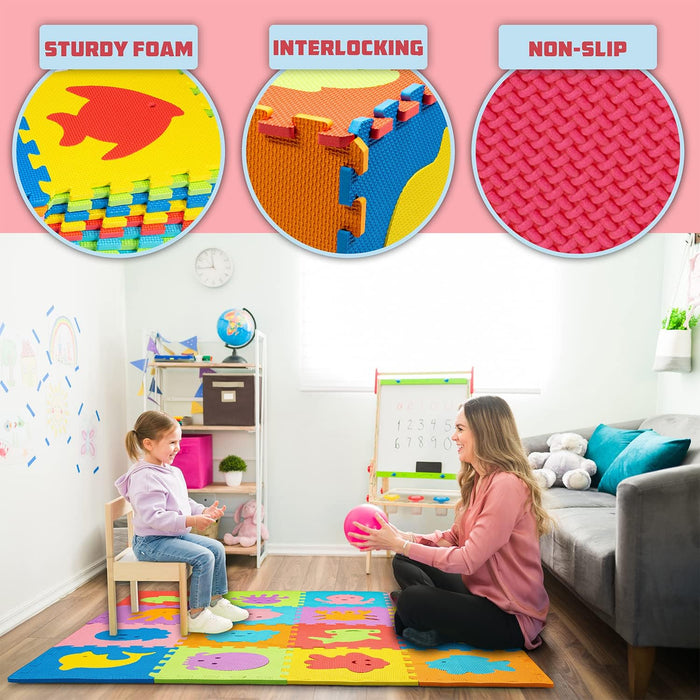 ToyVelt Foam Puzzle Floor Mat for Kids – 12x12 16 Tiles Interlocking Sea Animals Play Mat