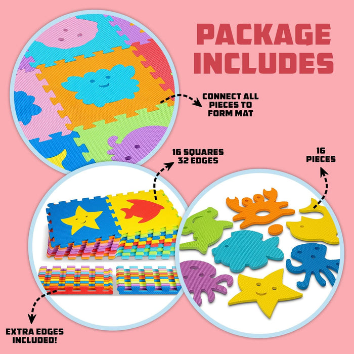 ToyVelt Foam Puzzle Floor Mat for Kids – 12x12 16 Tiles Interlocking Sea Animals Play Mat