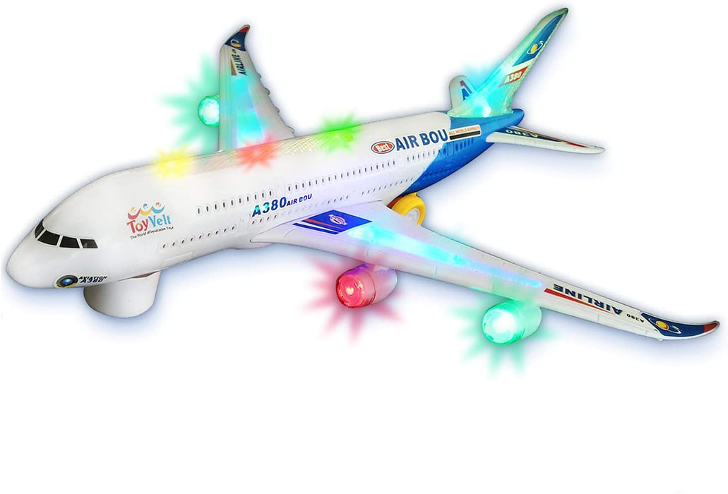 ToyVelt Kids airplane A380 toy plane self driving bump & go Airbus - Contains Beautiful 3D Light and Jet engine - Changes Direction On Contact - For boys & girls age 3 - 8 years old