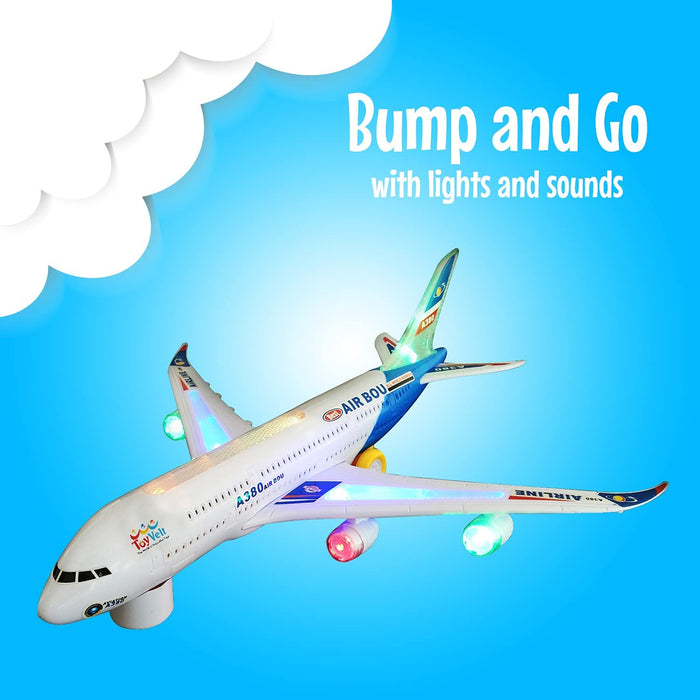 ToyVelt Kids airplane A380 toy plane self driving bump & go Airbus - Contains Beautiful 3D Light and Jet engine - Changes Direction On Contact - For boys & girls age 3 - 8 years old