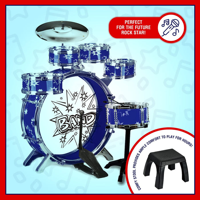 ToyVelt 12 Piece Kids Jazz Drum Set – 6 Drums, Cymbal, Chair, Kick Pedal, 2 Drumsticks, Stool – Little Rockstar Kit to Stimulating Children’s Creativity, - Ideal Gift Toy for Kids, Teens, Boys & Girls