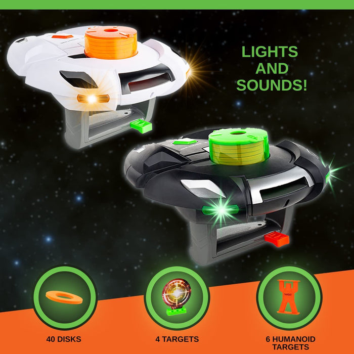 ToyVelt Toy Shooting Game for Kids, Boys – Foam Disc Launcher Gun Set with Lights & Noise – Safe Target Shooting Indoor Toy Children’s Gift Set Includes 2 Gun Blasters, 40 Foam Discs, 10 Targets