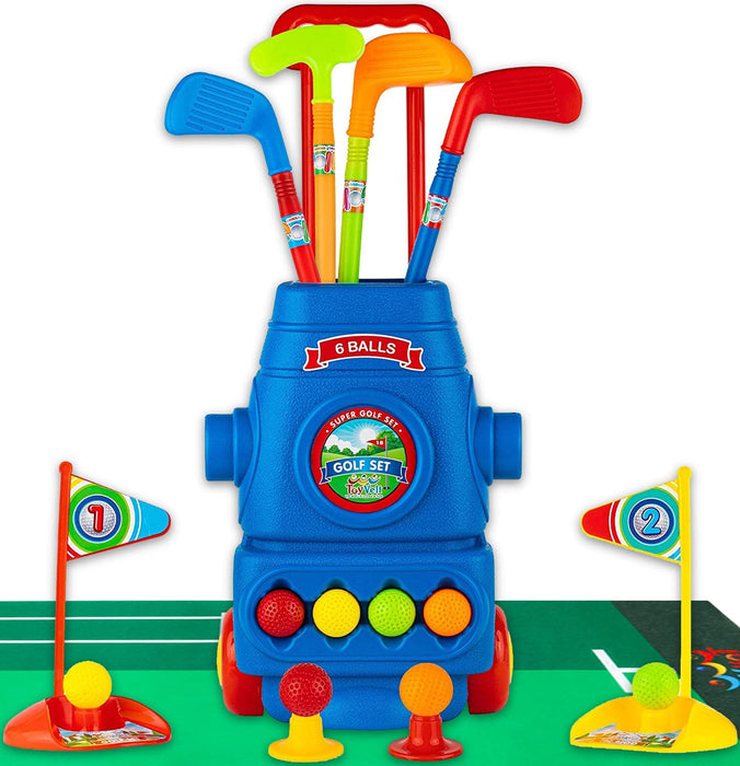 Toyvelt Kids Golf Club Set Golf Cart With Wheels, 4 Colorful Golf Stic