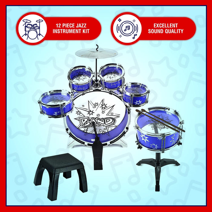 ToyVelt 12 Piece Kids Jazz Drum Set – 6 Drums, Cymbal, Chair, Kick Pedal, 2 Drumsticks, Stool – Little Rockstar Kit to Stimulating Children’s Creativity, - Ideal Gift Toy for Kids, Teens, Boys & Girls
