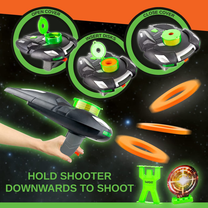 ToyVelt Toy Shooting Game for Kids, Boys – Foam Disc Launcher Gun Set with Lights & Noise – Safe Target Shooting Indoor Toy Children’s Gift Set Includes 2 Gun Blasters, 40 Foam Discs, 10 Targets