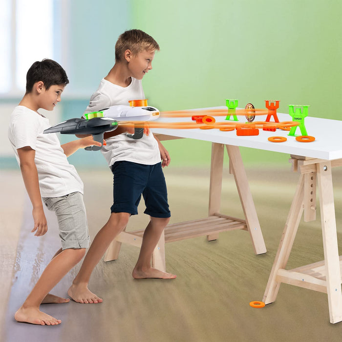 ToyVelt Toy Shooting Game for Kids, Boys – Foam Disc Launcher Gun Set with Lights & Noise – Safe Target Shooting Indoor Toy Children’s Gift Set Includes 2 Gun Blasters, 40 Foam Discs, 10 Targets