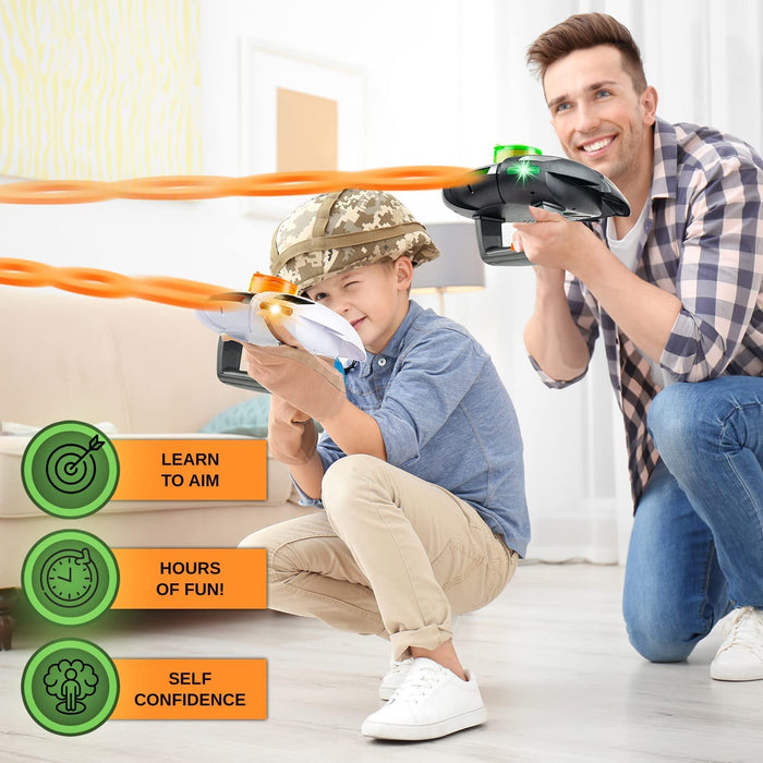 ToyVelt Toy Shooting Game for Kids, Boys – Foam Disc Launcher Gun Set with Lights & Noise – Safe Target Shooting Indoor Toy Children’s Gift Set Includes 2 Gun Blasters, 40 Foam Discs, 10 Targets