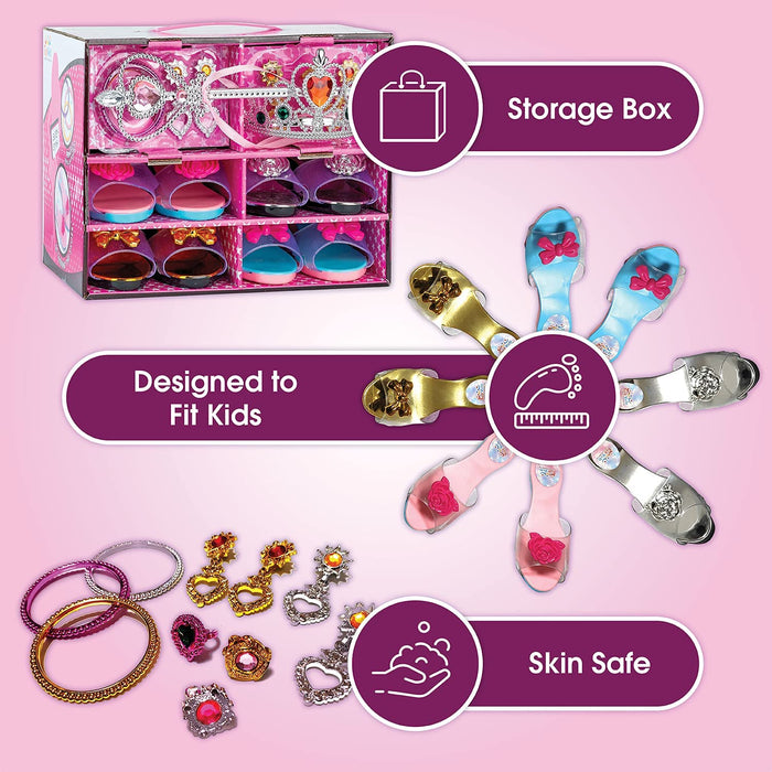 Toyvelt Princess Dress Up Set for Little Girls - Includes 4 Pairs Princess Shoes, Bracelets, Rings, Earrings, Crown, and Wand