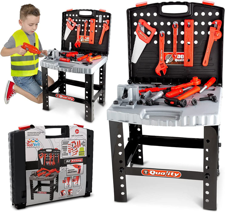 68 Piece Workbench W Realistic Tools & Electric Drill toy