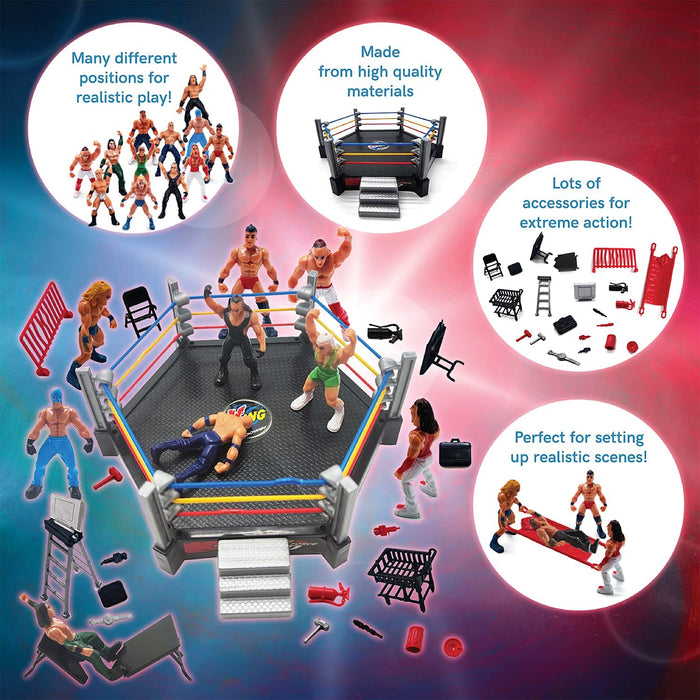 ToyVelt 32-Piece Wrestling Toys for Kids - Wrestler Warriors Toys with Ring & Realistic Accessories - Fun Miniature Fighting Action Figures Includes 2 Rings - Great Gift for Boys and Girls