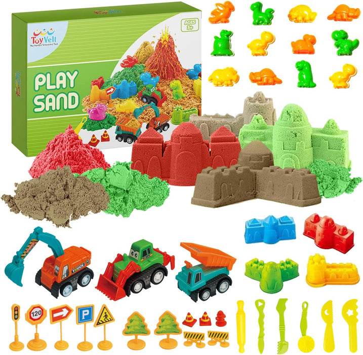 Toyvelt Sand Toys for Toddlers - Dinosaur Play Sand Kit Includes, 3 Lbs Sand, 3 Trucks, Dinosaur Sand Molds, Tray, Modeling Tools and Accessories for Boys and Girls Ages 3 - 10 Years Old