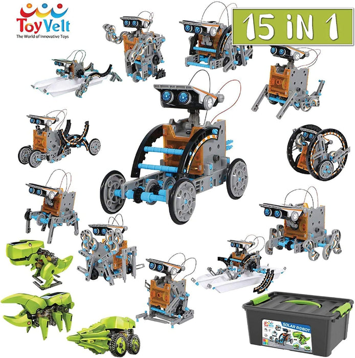 ToyVelt 15 in 1 Solar Robot Kit - Incl 2 Solar Building Toy Sets and A Beautiful Storage Container - Solar Powered by The Sun Stem Science Building Toys for Boys and Girls Ages 8,9,10,11,12 Years Old