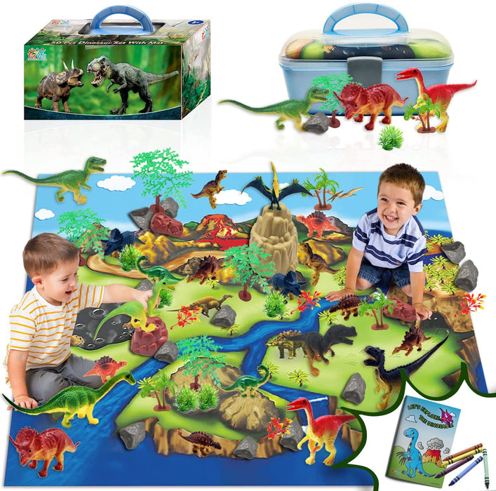 Toyvelt Dinosaur Play Set Dinosaur Toys Includes Dinosaur Figures, Trees, Rocks, Playmat, And A Beautiful Container Create A Dino World Great Gift For Boys & Girls Ages 3,4,5,6, And Up Updated Version 2021