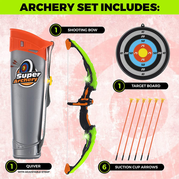 Toyvelt Bow and Arrow Set for Kids -Light Up Archery Toy Set -Includes 6 Suction Cup Arrows, Target & Quiver - for Boys & Girls Ages 3 -12 Years Old (Green)